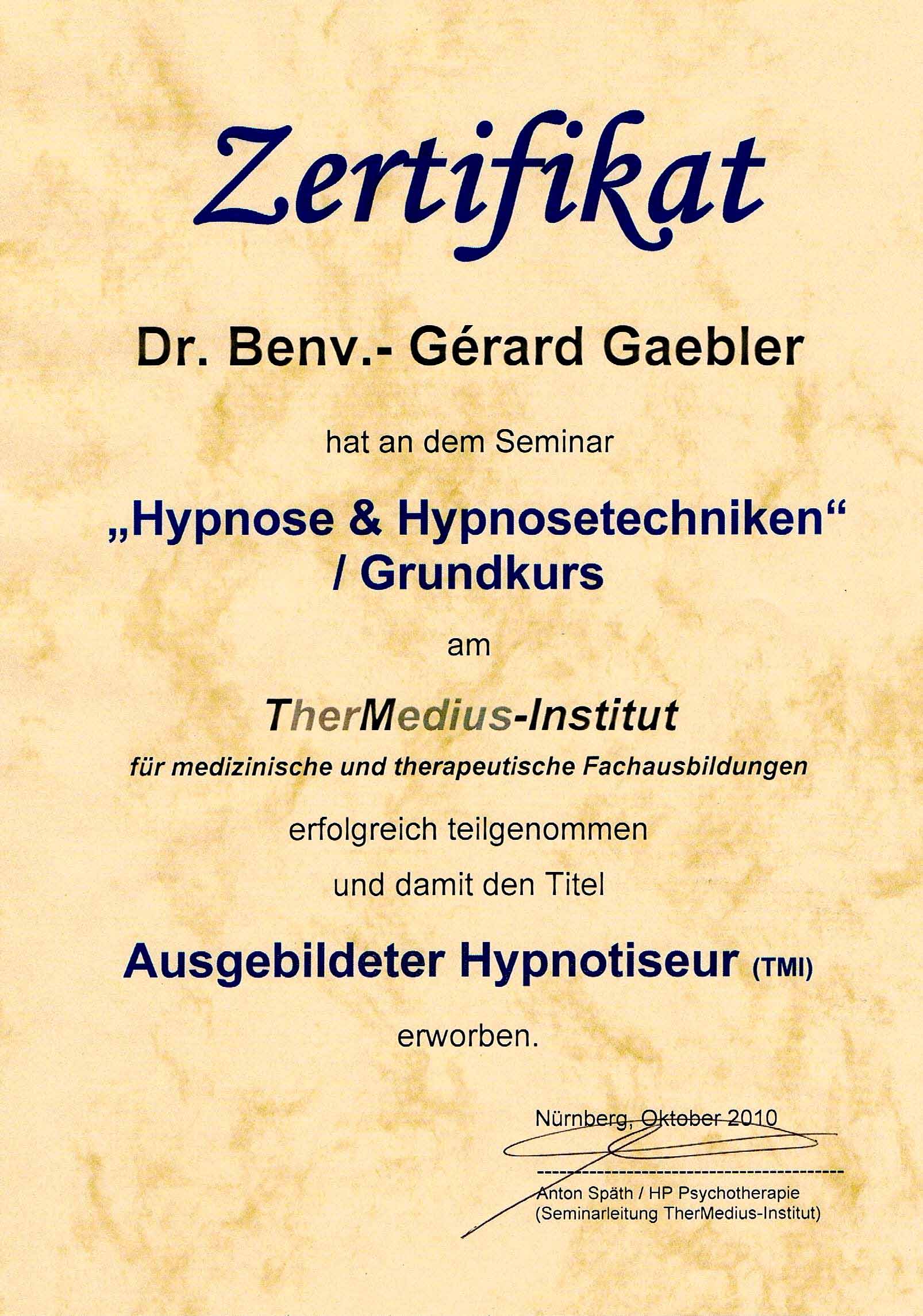 Zertifikat Ausgebildeter Hypnotiseur